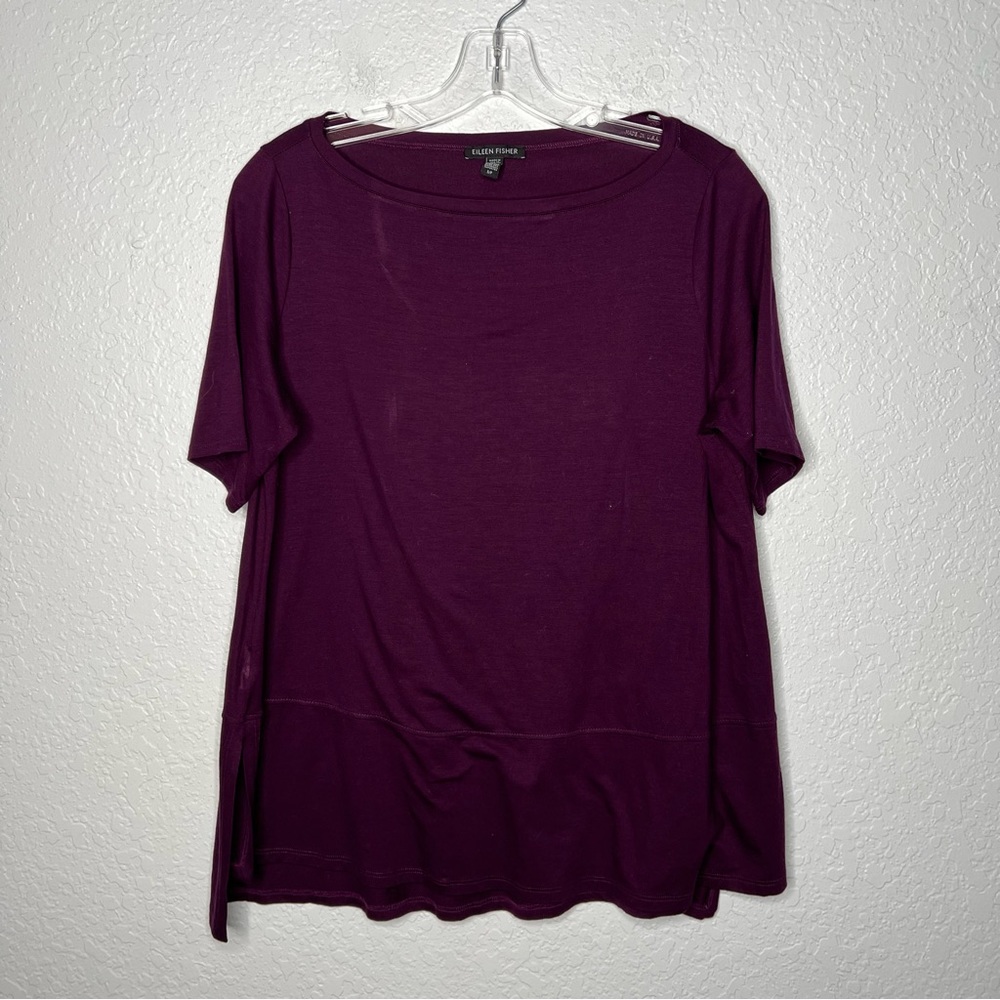 Eileen Fisher Fine Jersey Boat Neck Tunic Top Purple Small Loose 1/2 Sleeve